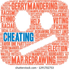 Cheating with Gerrymandering word cloud on a white background. 