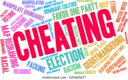 Cheating with Gerrymandering word cloud on a white background. 