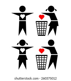 Cheating girl and boy are throwing their friend's loving heart into trash bin on white background