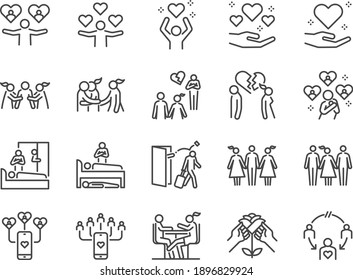 Cheating And Love Affair Line Icon Set. Included The Icons As Relationship, Complicated, Divorce, Engaged, And More.