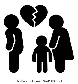 Cheating man with broken heart, woman and child solid icon, family lawyer concept. Vector graphics. Marriage problem sign on white background, style mobile or design