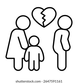 Cheating man with broken heart, woman and child thin line icon, family lawyer concept. Vector graphics. Marriage problem sign on white background, style mobile or design
