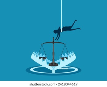 Cheating or not following the rules. Businesswoman reaching for a scale in a trap