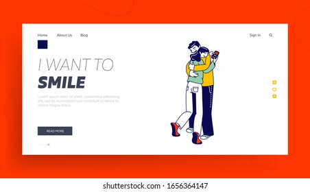 Cheating, Treason and Perfidy Concept.Website Landing Page. Perfidious Woman Hugging Boyfriend and Chatting with another Man by Smartphone Web Page Banner. Cartoon Flat Vector Illustration Linear