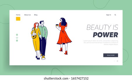 Página de Aterrizaje de Sitios Web de Tráfico, Traición y Perfidia. Hombre perfioso caminando con novia mirando a otra mujer sexy en la calle. Cartel de la página web en celo. Ilustración lineal del vector plano de caricatura