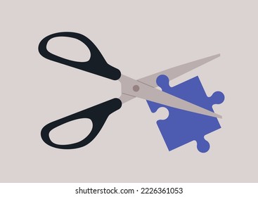 A cheating way to assemble a puzzle by trimming a piece with scissors, trying to fit in