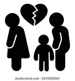 Cheating woman with broken heart, man and child solid icon, family lawyer concept. Vector graphics. Marriage problem sign on white background, style mobile or design