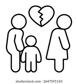 Cheating woman with broken heart, man and child thin line icon, family lawyer concept. Vector graphics. Marriage problem sign on white background, style mobile or design