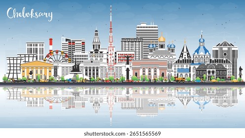 Cheboksary Russia city skyline with color buildings, blue sky and reflections. Vector illustration. Cheboksary cityscape with landmarks. Travel, tourism concept with modern and historic architecture.