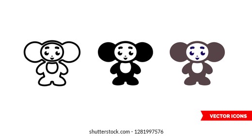 Cheburashka icon of 3 types: color, black and white, outline. Isolated vector sign symbol.