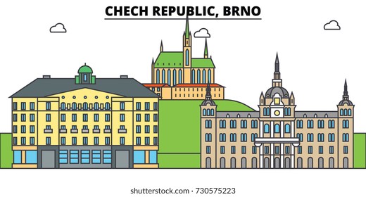 Chech Republic, Brno. City skyline, architecture, buildings, streets, silhouette, landscape, panorama, landmarks. Editable strokes. Flat design line vector illustration concept. Isolated icons set