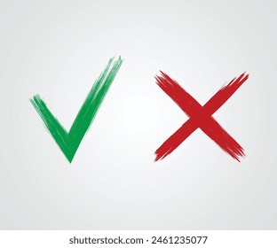 Marca de verificación y X dibujado a mano brushstroke design. Iconos de estilo Grunge Ilustración vectorial