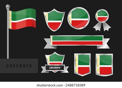 Chechen flag set. Collection of Chechen national emblems. Flat design of flags collection