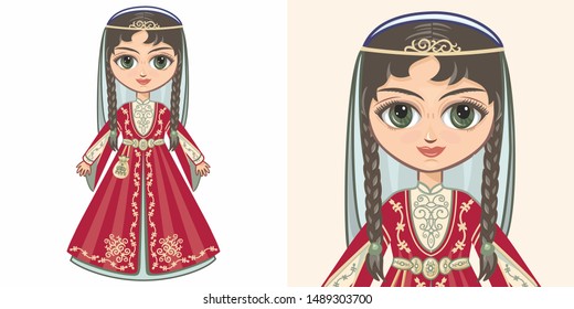 Chechen national costume. Girl in ethnic clothes of Chechnya. Chechen national costume. Girl in ethnic clothes Caucasus. Chechnya Russia. Beshmet, caftan, cherkeska, raiment, papaha,habiliment dress