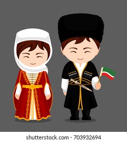 Chechens in national dress with a flag. Man and woman in traditional costume. Travel to Russia (Chechen Republic, Chechnya). People. Vector flat illustration.