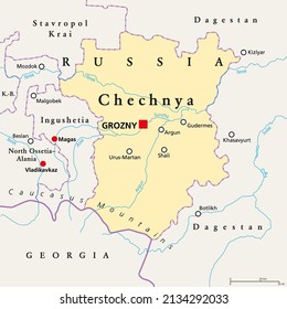 Chechnya, political map, with capital Grozny and borders. Chechen Republic, a republic of Russia, and part of North Caucasus Federal District, situated in the North Caucasus of Eastern Europe. Vector.