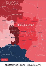 Chechnya region of Russia detailed editable map with regions cities and towns, roads and railways, geographic sites. Vector EPS-10 file