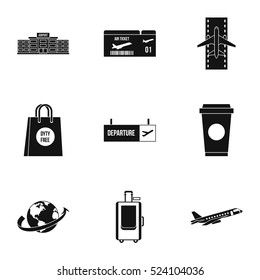 Check at airport icons set. Simple illustration of 9 check at airport vector icons for web