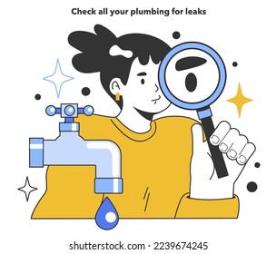 Check all your plumbing for leaks for water efficiency at home. Save money on your water bill and make your house more eco-friendly. Economic recession effect. Flat vector illustration