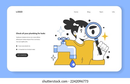 Check all your plumbing for leaks for water efficiency at home web banner or landing page. Save money on your water bill and make your house more eco-friendly. Flat vector illustration