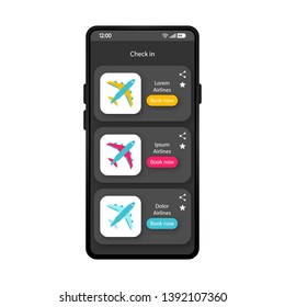 Check in app smartphone interface vector template. Mobile app page black design layout. Booking flight tickets screen. Flat UI for airline service application. Destination ticket phone display