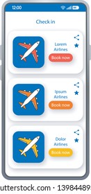 Check in app smartphone interface vector template. Mobile app page white design layout. Booking flight tickets screen. Flat UI for airline service application. Destination ticket phone display