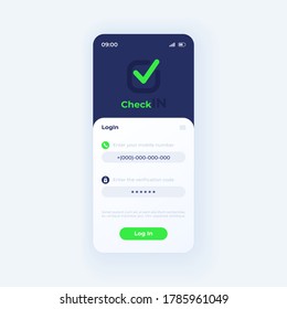 Check in app smartphone interface vector template. Mobile app page light theme design layout. Personal account log in screen. Flat UI for application. User authorization data on phone display
