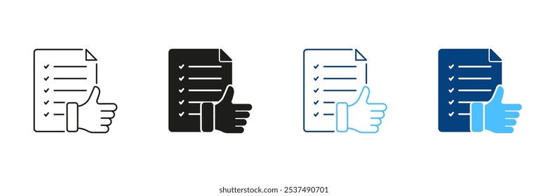 Check, Approve Agreement Line and Silhouette Icon Set. Thumb Up And Paper Document Pictogram. Confirmation, Customer Feedback Symbol. Editable Stroke. Isolated Vector Illustration.