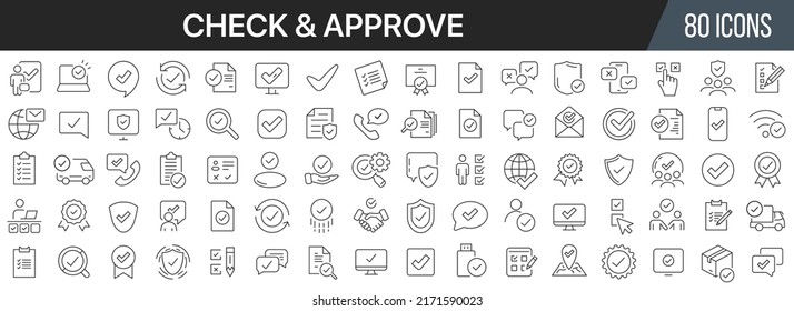 Check and approve line icons collection. Big UI icon set in a flat design. Thin outline icons pack. Vector illustration EPS10