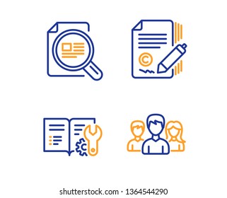 Check article, Engineering documentation and Copywriting icons simple set. Teamwork sign. Magnifying glass, Manual, Ð¡opyright signature. Group of users. Business set. Linear check article icon