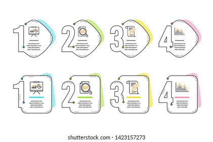 Check article, Feather and Presentation icons simple set. Investment graph sign. Magnifying glass, Copyright page, Board with charts. Investment infochart. Science set. Infographic timeline. Vector