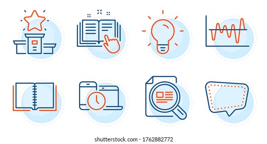 Check article, Light bulb and Stock analysis signs. Book, Chat message and Winner podium line icons set. Time management, Technical documentation symbols. E-learning course, Speech bubble. Vector