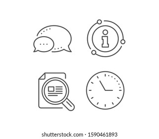 Check article line icon. Chat bubble, info sign elements. Ð¡opyright sign. Magnifying glass symbol. Linear check article outline icon. Information bubble. Vector