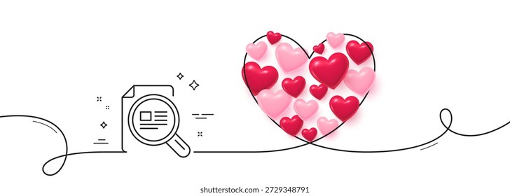 Verifique o ícone da linha do artigo. Linha contínua grande coração. Sinal de copyright. Símbolo da lupa. Corações 3D em forma de coração loop. Verifique o friso de linha única do artigo. Padrão de curva em loop. Vetor