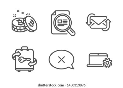 Check article, Luggage and Bitcoin icons simple set. Reject, Refresh mail and Notebook service signs. Magnifying glass, Baggage locker. Business set. Line check article icon. Editable stroke. Vector