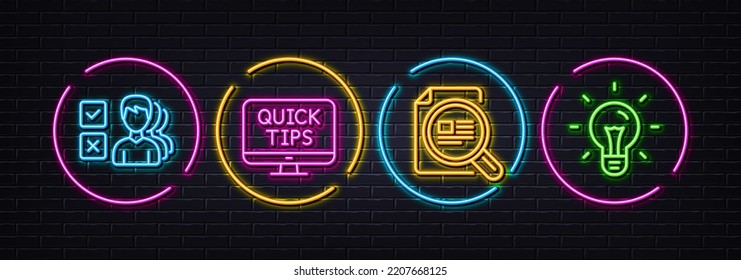 Check article, Opinion and Web tutorials minimal line icons. Neon laser 3d lights. Idea icons. For web, application, printing. Magnifying glass, Choose answer, Quick tips. Light bulb. Vector