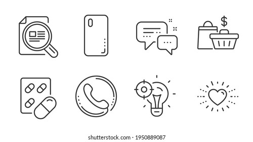 Check article, Smartphone cover and Seo idea line icons set. Sale bags, Capsule pill and Call center signs. Heart, Employees messenger symbols. Magnifying glass, Phone, Performance. Vector