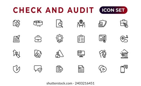 Comprobar y auditar la colección de iconos de línea. Conjunto de iconos de línea delgada, colección de iconos de contorno simple, Iconos Pixel Perfect, Ilustración vectorial simple.
