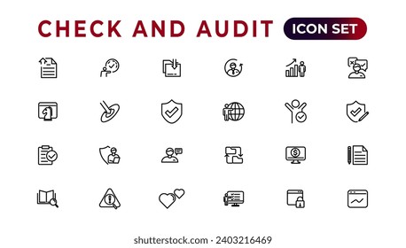 Sammlung von Symbolen der Prüf- und Prüfungslinie. Set von dünnen Web-Icon Satz, einfache Umriss-Icons Sammlung, Pixel Perfect Icons, einfache Vektorgrafik.
