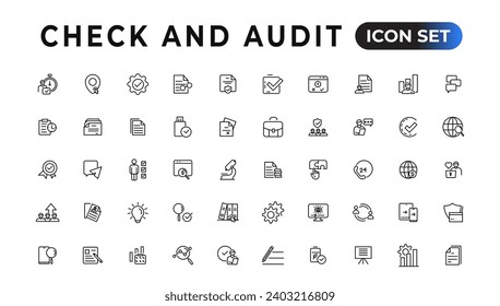 Comprobar y auditar la colección de iconos de línea. Conjunto de iconos de línea delgada, colección de iconos de contorno simple, Iconos Pixel Perfect, Ilustración vectorial simple.
