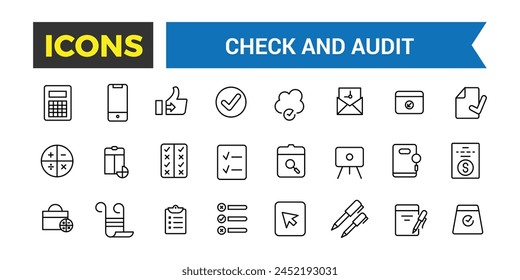 Check And Audit Line Icons Collection, Audit And Business Line Icons Collection, Big Ui Icon Set In A Flat Design, Vector Illustration