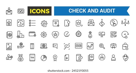 Check And Audit Line Icons Collection, Audit And Business Line Icons Collection, Big Ui Icon Set In A Flat Design, Vector Illustration