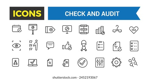 Check And Audit Line Icons Collection, Audit And Business Line Icons Collection, Big Ui Icon Set In A Flat Design, Vector Illustration