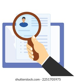 Check background and background checking of employee with magnifying glass in hand for background check of a person. CV checking and research on employee for interview. Resume checking with magnifying