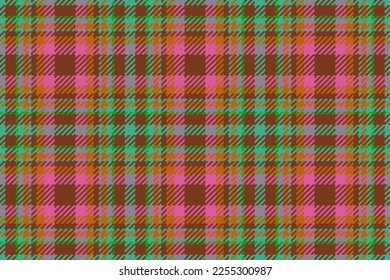 Check background pattern. Seamless fabric tartan. Vector plaid textile texture in green and orange colors.