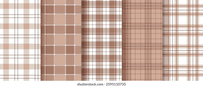 Check background. Plaid seamless pattern. Tartan brown textures. Flannel shirt textile. Set gingham fabrics. Lumberjack tablecloth. Buffalo checkered cloth backdrop. Vichy prints. Vector illustration