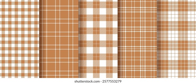 Check background. Tartan seamless pattern. Flannel beige texture. Vichy table cloth print. Plaid shirt textile. Lumberjack tablecloth. Set gingham fabrics. Buffalo checkered cloth. Vector illustration