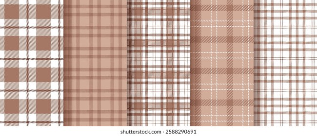 Check background. Tartan seamless pattern. Flannel brown texture. Plaid table cloth print. Lumberjack tablecloth. Set gingham fabrics. Vichy shirt textile. Buffalo checkered cloth. Vector illustration