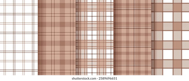 Check background. Tartan seamless pattern. Plaid Mocha Mousse textures. Flannel shirt textile. Set gingham fabrics. Vichy prints. Lumberjack tablecloth. Buffalo checkered cloth. Vector illustration