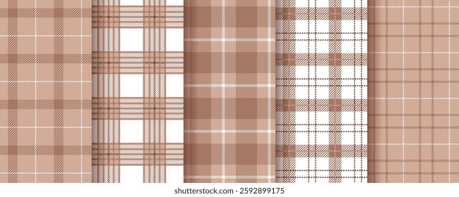 Check background. Tartan seamless pattern. Brown textures. Plaid shirt textile. Flannel Vichy prints. Lumberjack tablecloth. Set of gingham fabrics. Buffalo checkered backdrops. Vector illustration